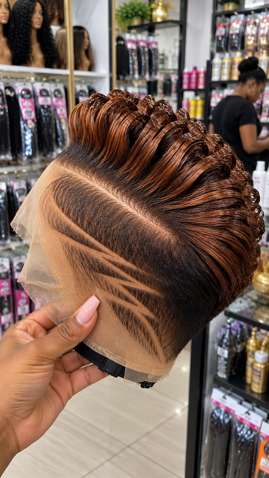 Copper Chestnut Pixie Wig With Swept Ribbon Loops and Layered Curved Side Channels #bwih