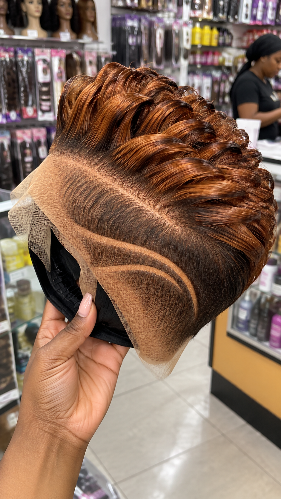 Copper Auburn Swept-Back Pixie Wig with Layered Ribbon Waves and Twin Curved Side Lines #fah Copper Auburn Swept-Back Pixie Wig with Layered Ribbon Waves and Twin Curved Side Lines #fah