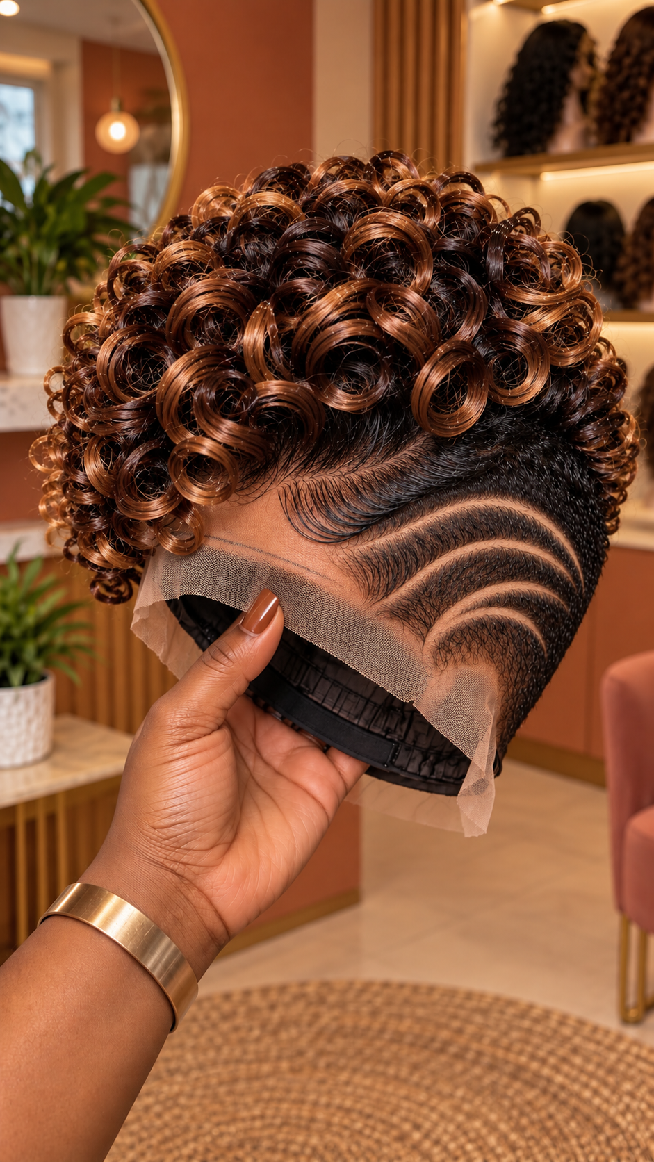 Chestnut Copper Ringlet Crown Wig With Triple Curved Temple Lines and Espresso Side Hair #stayh Chestnut Copper Ringlet Crown Wig With Triple Curved Temple Lines and Espresso Side Hair #stayh