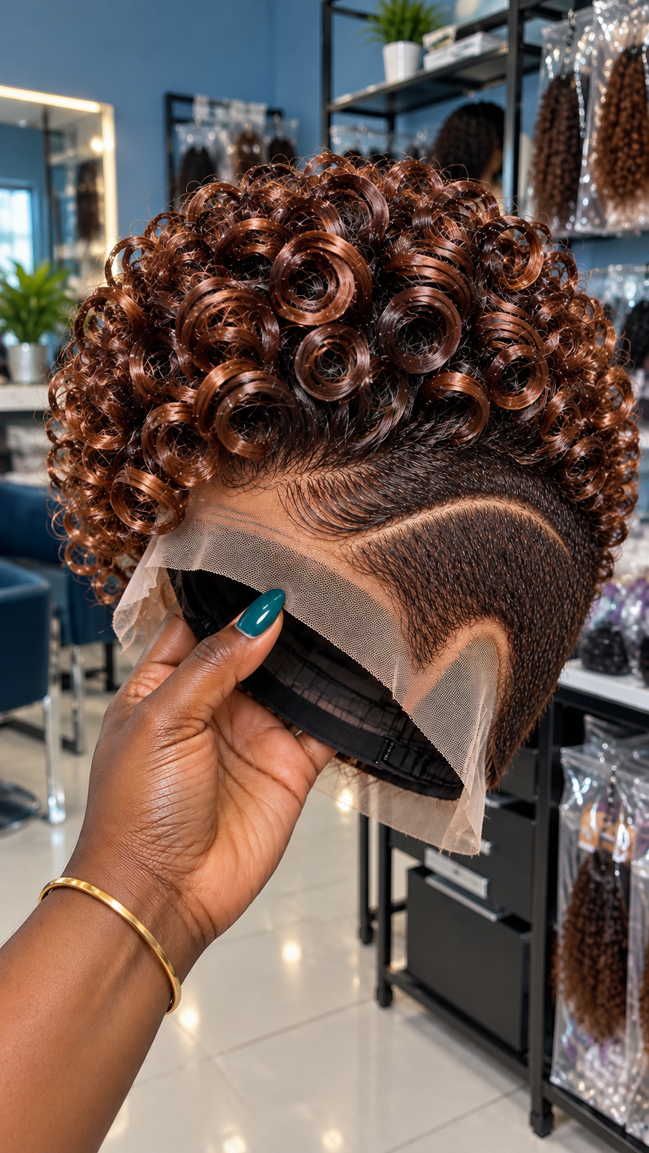 Chestnut Copper Corkscrew Rings with a Single Sweeping Temple Part on a Pixie Lace Wig #fah Chestnut Copper Corkscrew Rings with a Single Sweeping Temple Part on a Pixie Lace Wig #fah