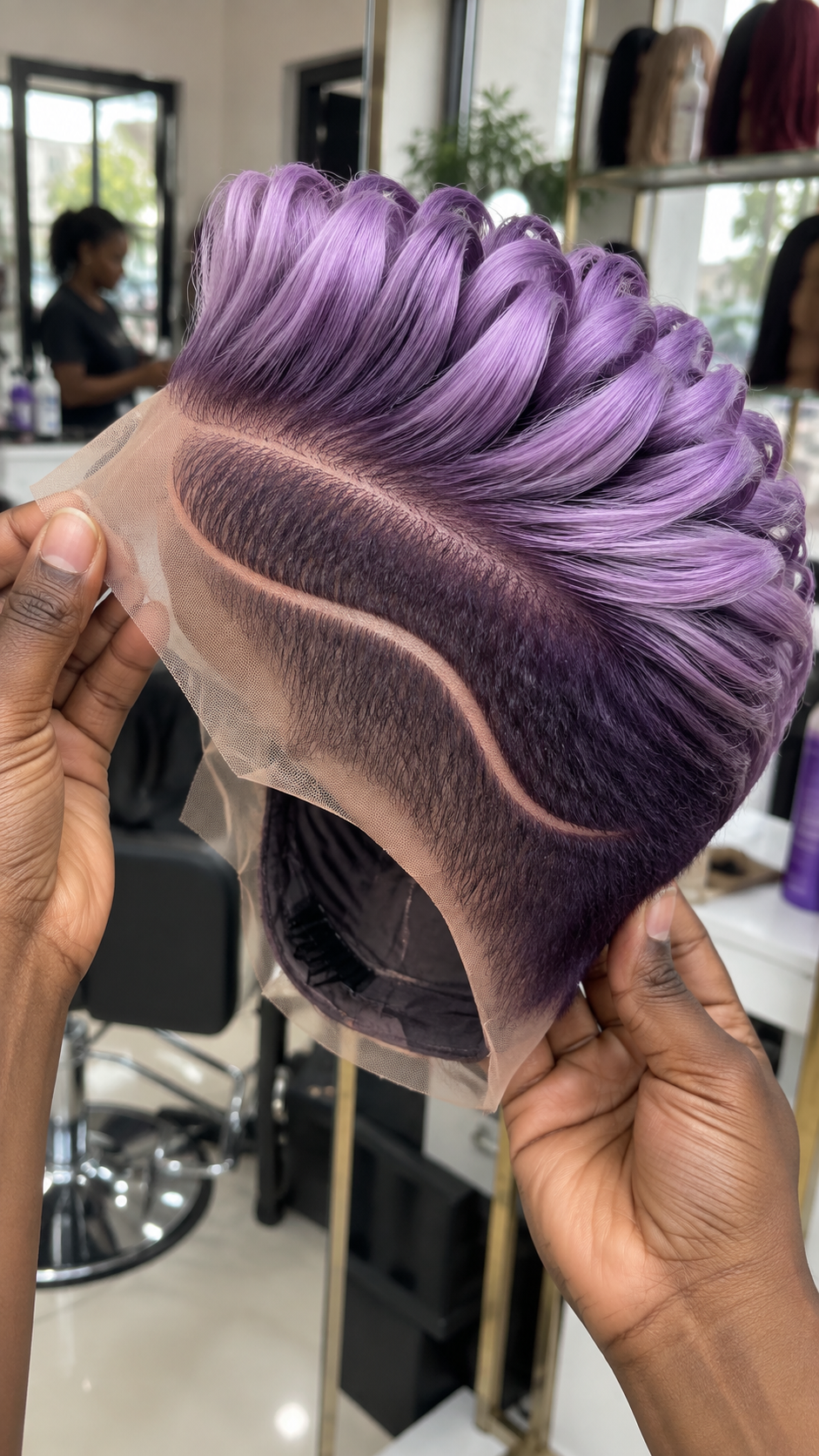 Lavender Sculpted Crown Wig With Deep Violet Roots and a Sweeping Side Channel #hwbh Lavender Sculpted Crown Wig With Deep Violet Roots and a Sweeping Side Channel #hwbh