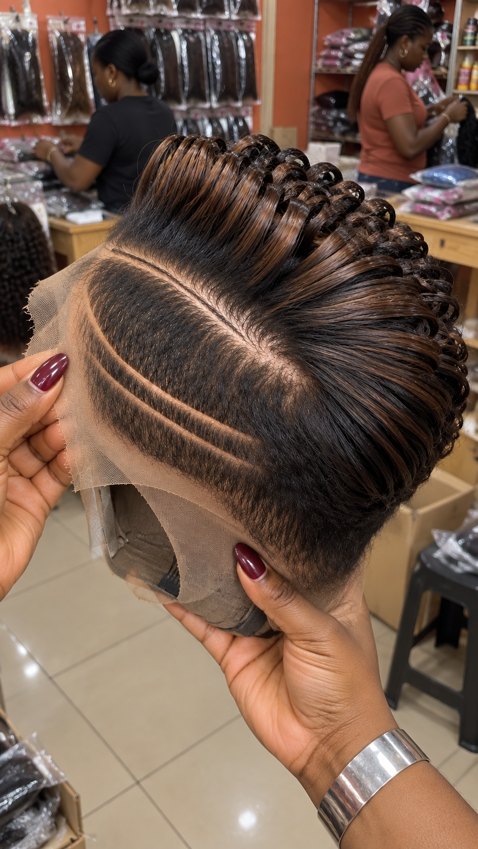 Mocha Ribbon Crown Wig With a Deep Espresso Base and Twin Curved Side Paths #apdh Mocha Ribbon Crown Wig With a Deep Espresso Base and Twin Curved Side Paths #apdh