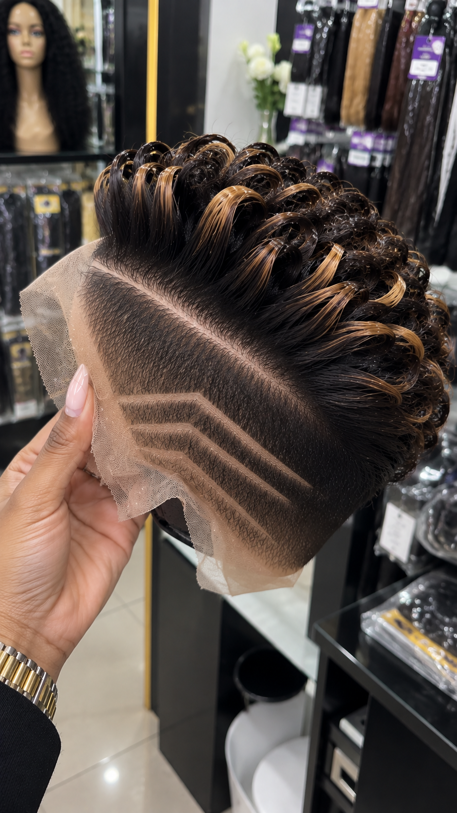 Honey Blonde Ribbon Loops Over a Triple-Arrow Carved Side Wig #brh