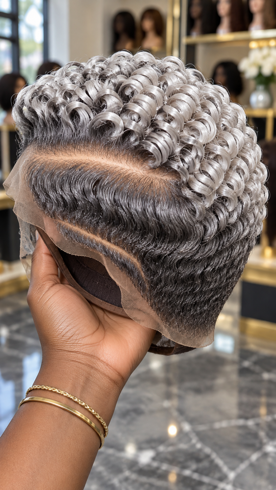 Pearl Silver Barrel Curl Wig With Smoky Gray Finger Waves and a Graduated Side Part #stay Pearl Silver Barrel Curl Wig With Smoky Gray Finger Waves and a Graduated Side Part #stay