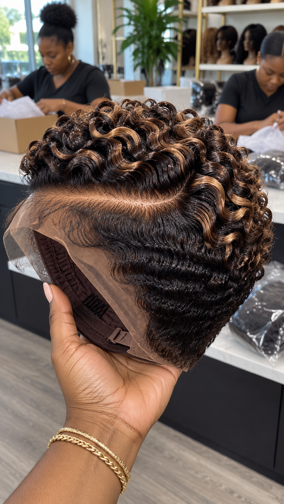 Caramel Ribbon Curls and Espresso Finger Waves on a Side-Parted Pixie Lace Wig #stay Caramel Ribbon Curls and Espresso Finger Waves on a Side-Parted Pixie Lace Wig #stay