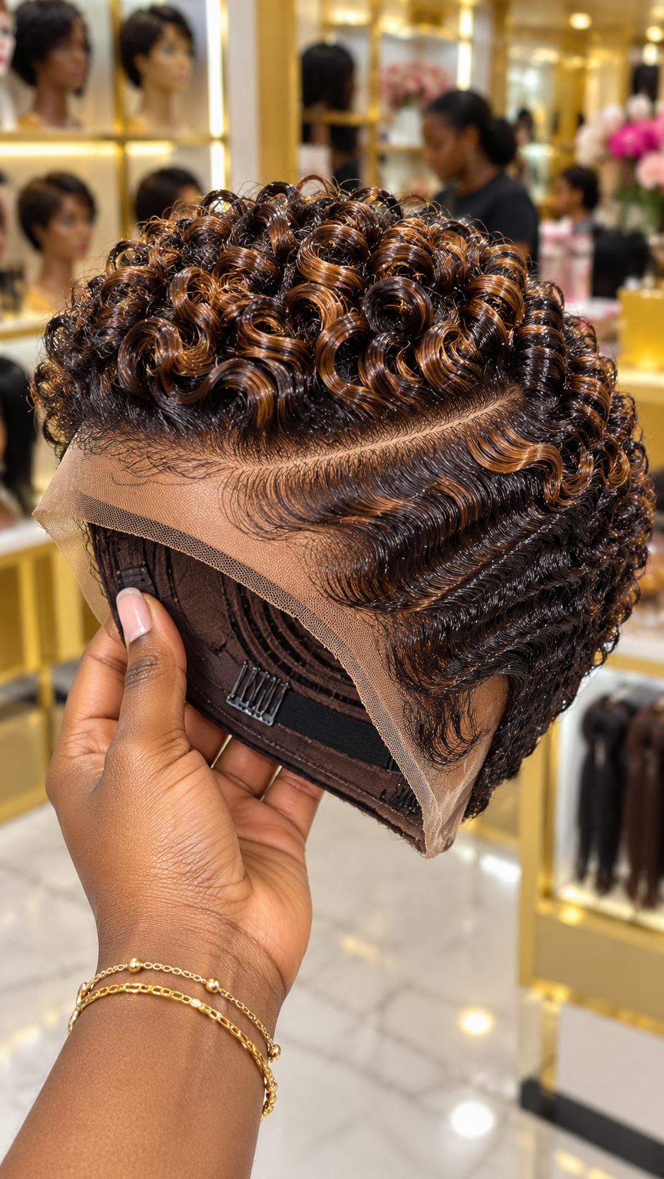 Caramel Copper Spiral Pixie Wig With Sculpted S-Wave Panels and a Dark Root Crown #WigBusiness Caramel Copper Spiral Pixie Wig With Sculpted S-Wave Panels and a Dark Root Crown #WigBusiness