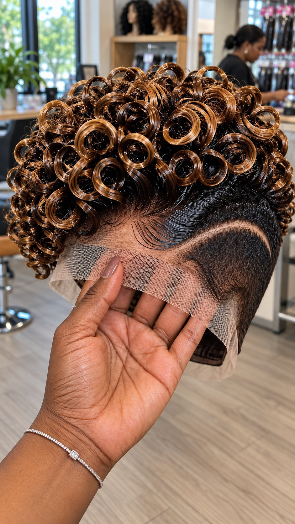 Golden Chestnut Hollow Ringlet Wig With an Espresso Side Sweep and Single Curved Temple Part #fa