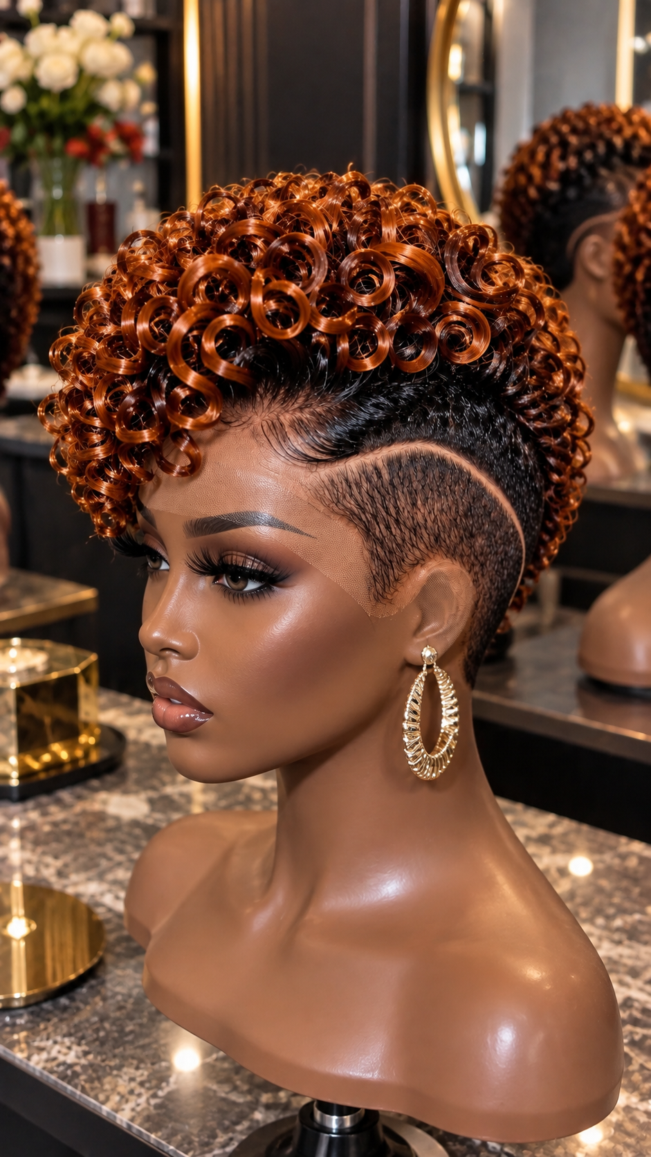 Where This Copper Ringlet Pixie Wig Comes Into Its Own: Black Undercut, Curved Side Detail and Sculpted Crown #ss