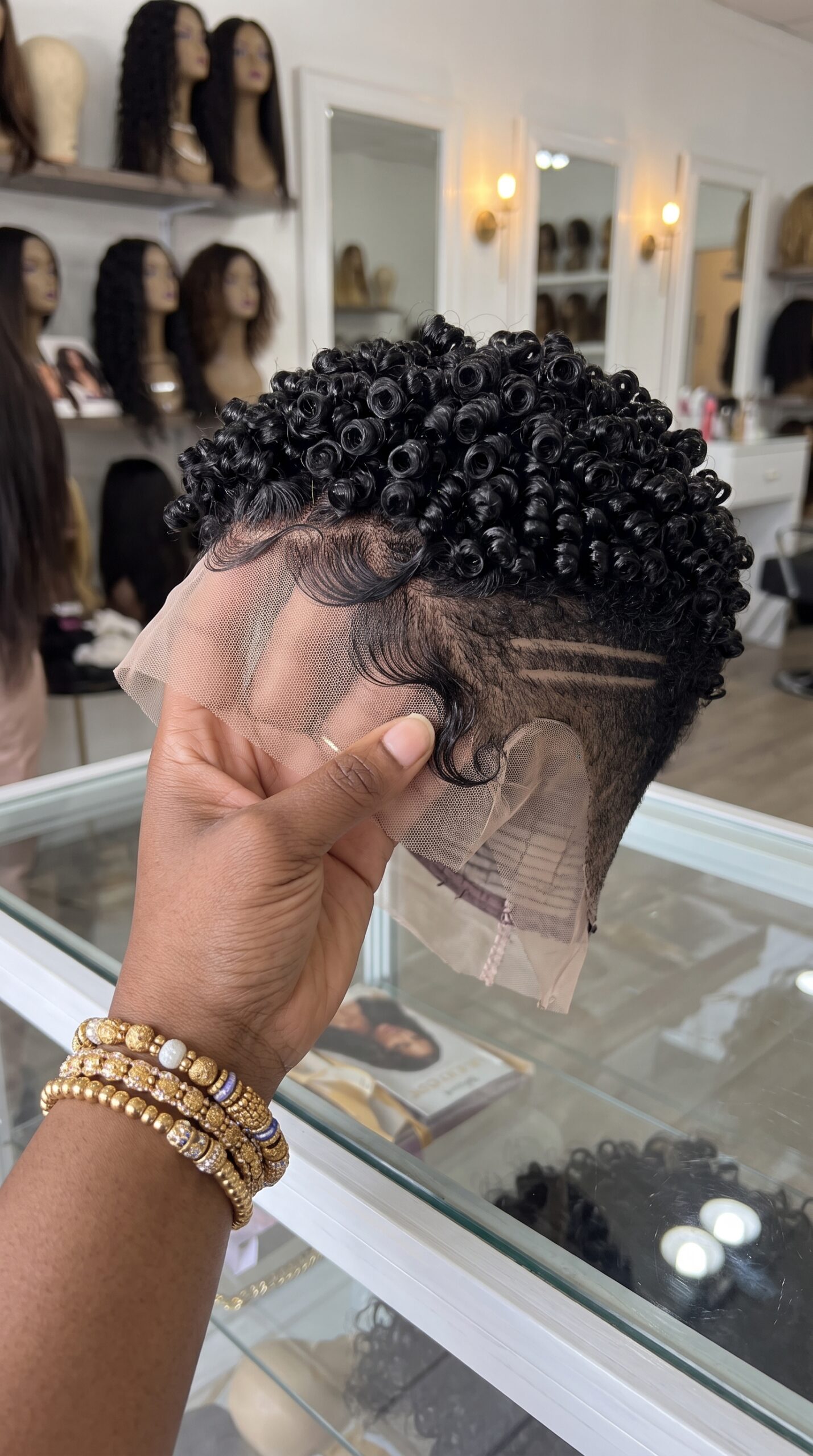 Midnight Black Corkscrew Wig With Twin Temple Etchings and a Sculpted Lace Hairline #hwb
