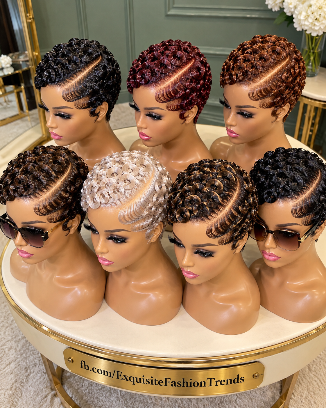 Seven Polished Spiral Pixie Wigs in Pearl Ivory, Merlot Red, Copper Bronze and Deep Black #eft Seven Polished Spiral Pixie Wigs in Pearl Ivory, Merlot Red, Copper Bronze and Deep Black #eft