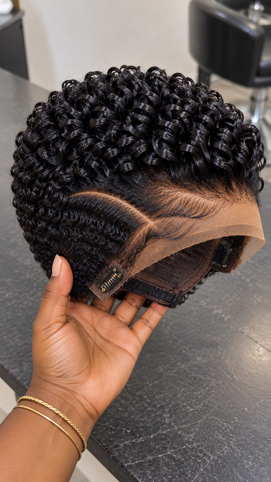 Raven Black Spiral-Coil Wig With a Curved Side Part and Visible Cap Hardware #stay Raven Black Spiral-Coil Wig With a Curved Side Part and Visible Cap Hardware #stay
