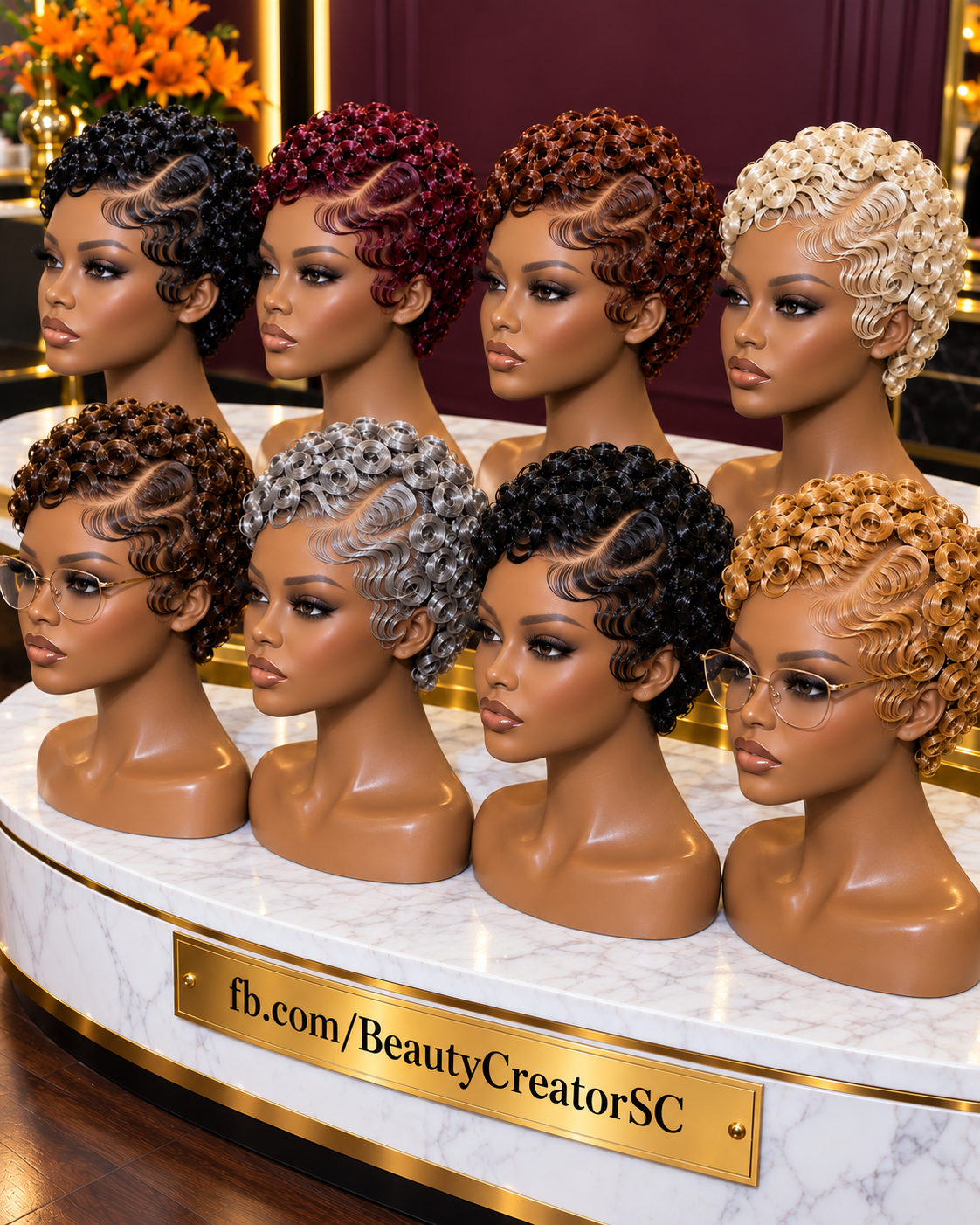 Eight Sculpted Rosette Pixie Wigs in Champagne Ivory, Metallic Silver, Cherry Wine and Golden Copper #bc