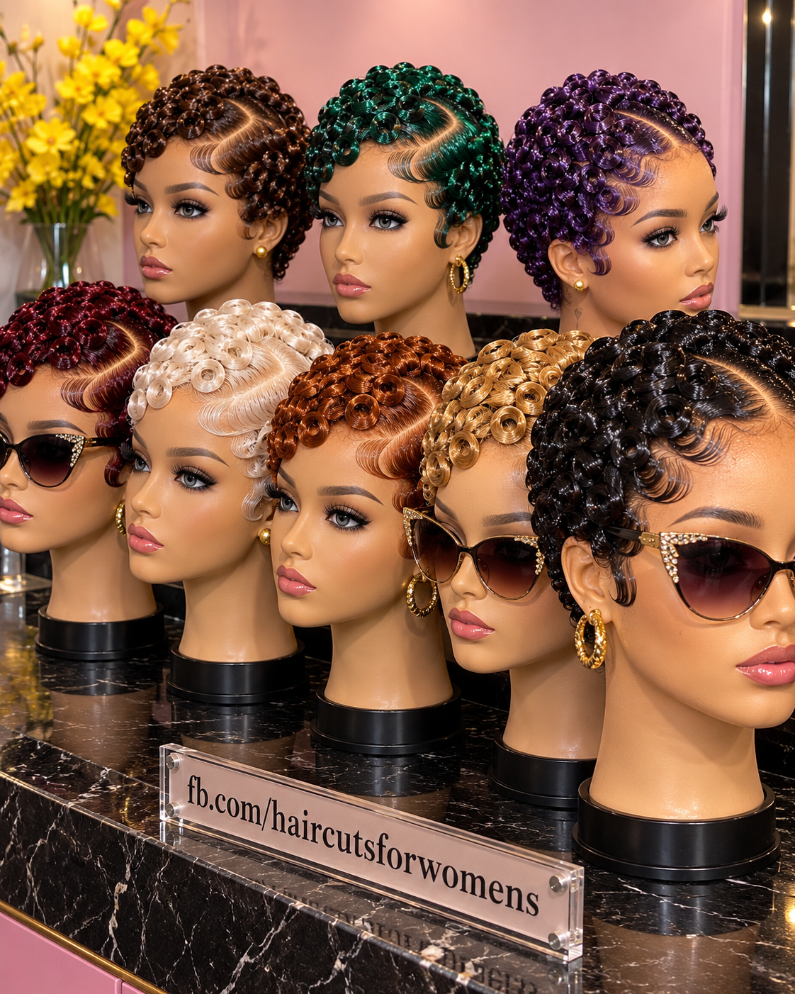 Eight Vibrant Sculpted Pin Curl Pixie Wigs in Emerald Green, Violet, Copper and Champagne Blonde #bwi