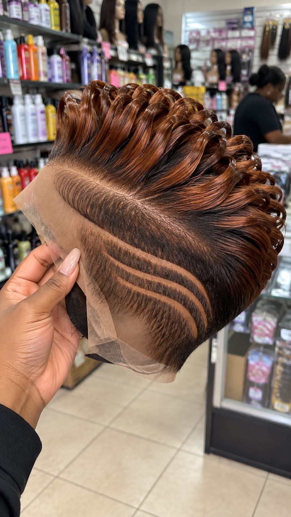 Cinnamon Chestnut Ribbon-Crest Wig With an Espresso Undercut and Three Sweeping Side Lines #the Cinnamon Chestnut Ribbon-Crest Wig With an Espresso Undercut and Three Sweeping Side Lines #the