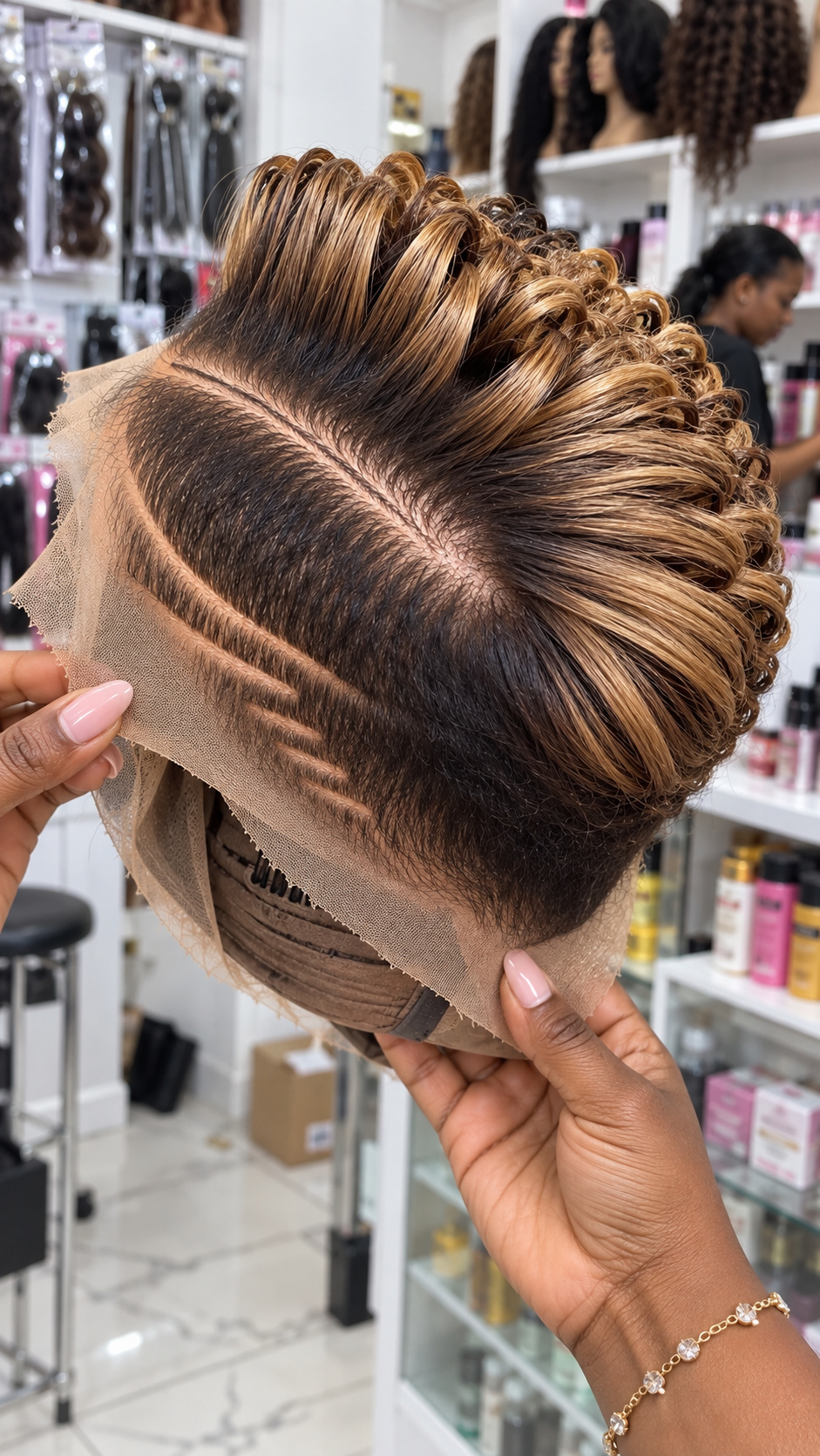 Champagne Honey Blonde Ribbon Wig With Espresso Roots and Tapered Side Etchings #bwih