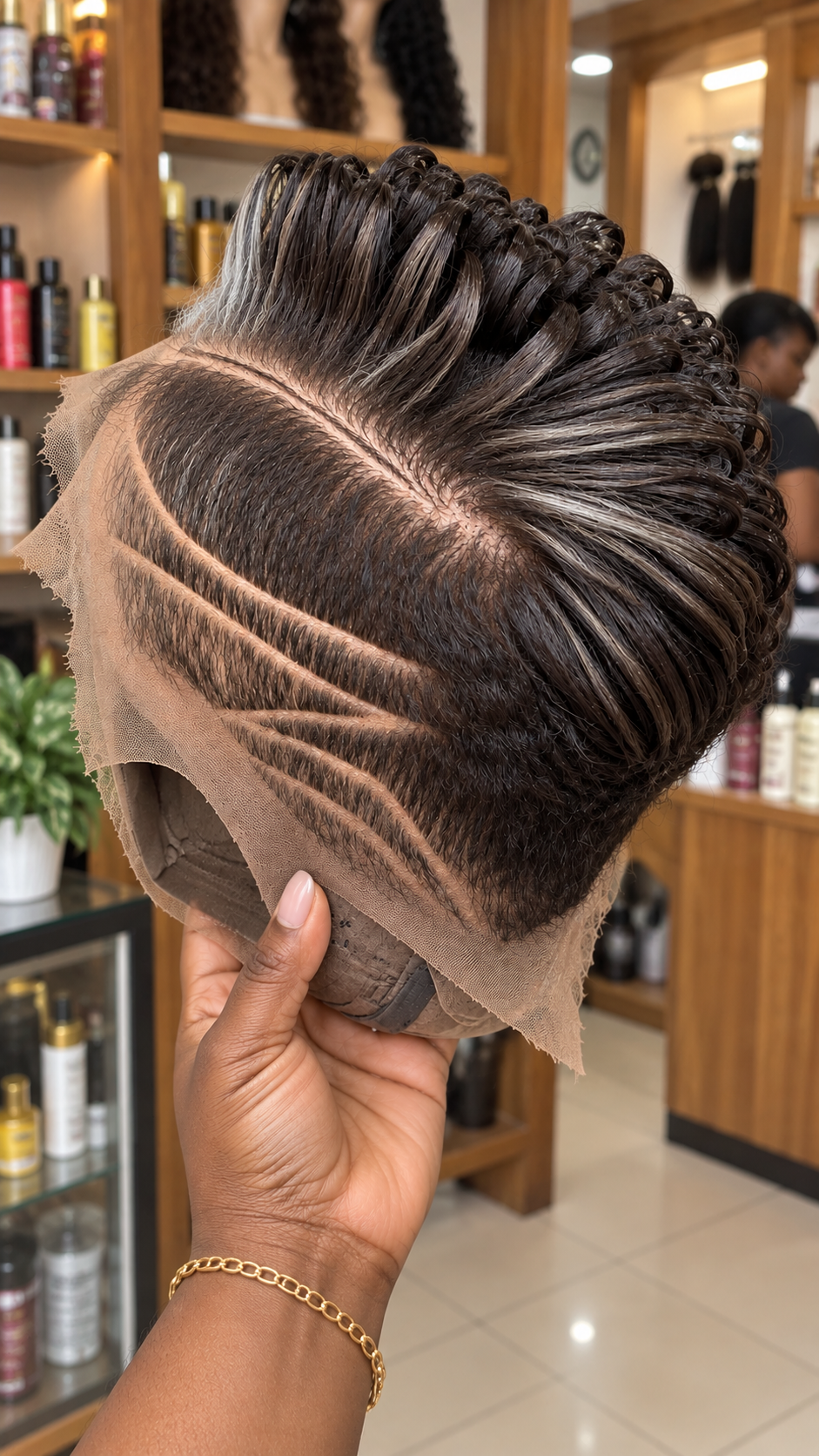 Smoky Silver Streaks and Swept-Back Ribbon Curls Above Triple Temple Lines #hwbh