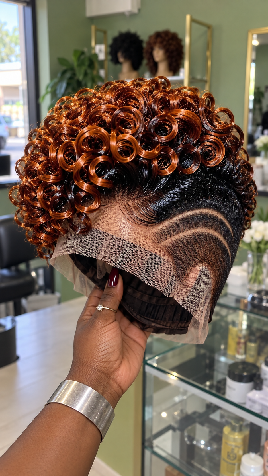 Copper Orange Spiral Ringlet Wig With Black Roots and Twin Curved Temple Lines #apdh