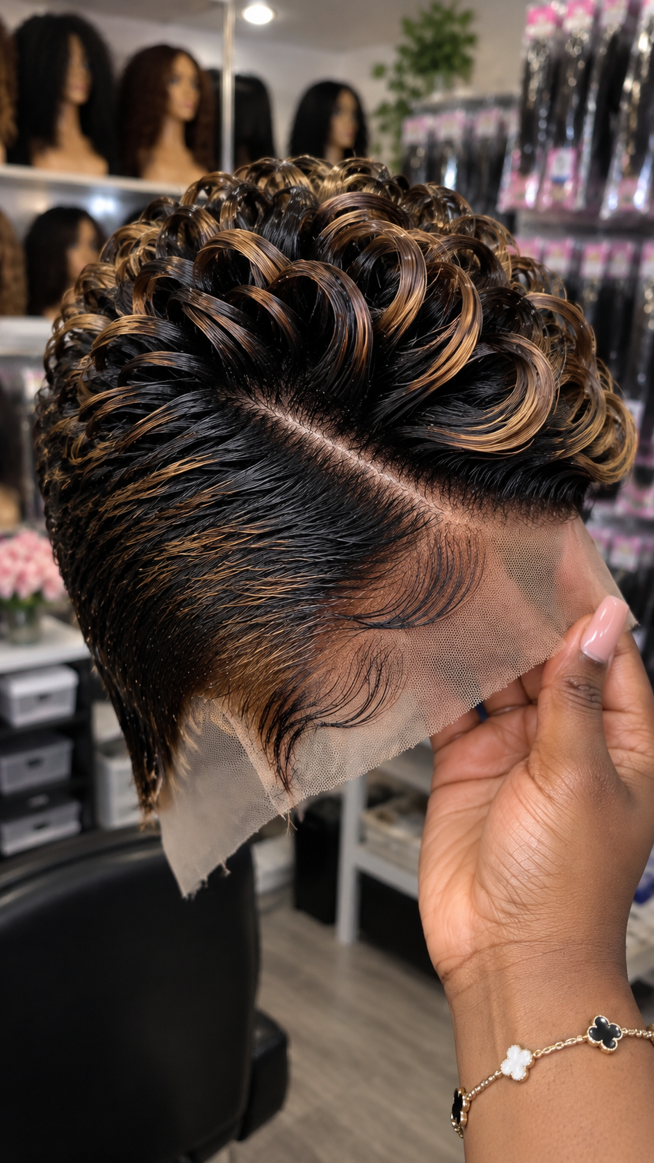 Black and Caramel Ribbon Curl Pixie Wig With Diagonal Parting and Sweeping Temple Waves #bwih Black and Caramel Ribbon Curl Pixie Wig With Diagonal Parting and Sweeping Temple Waves #bwih