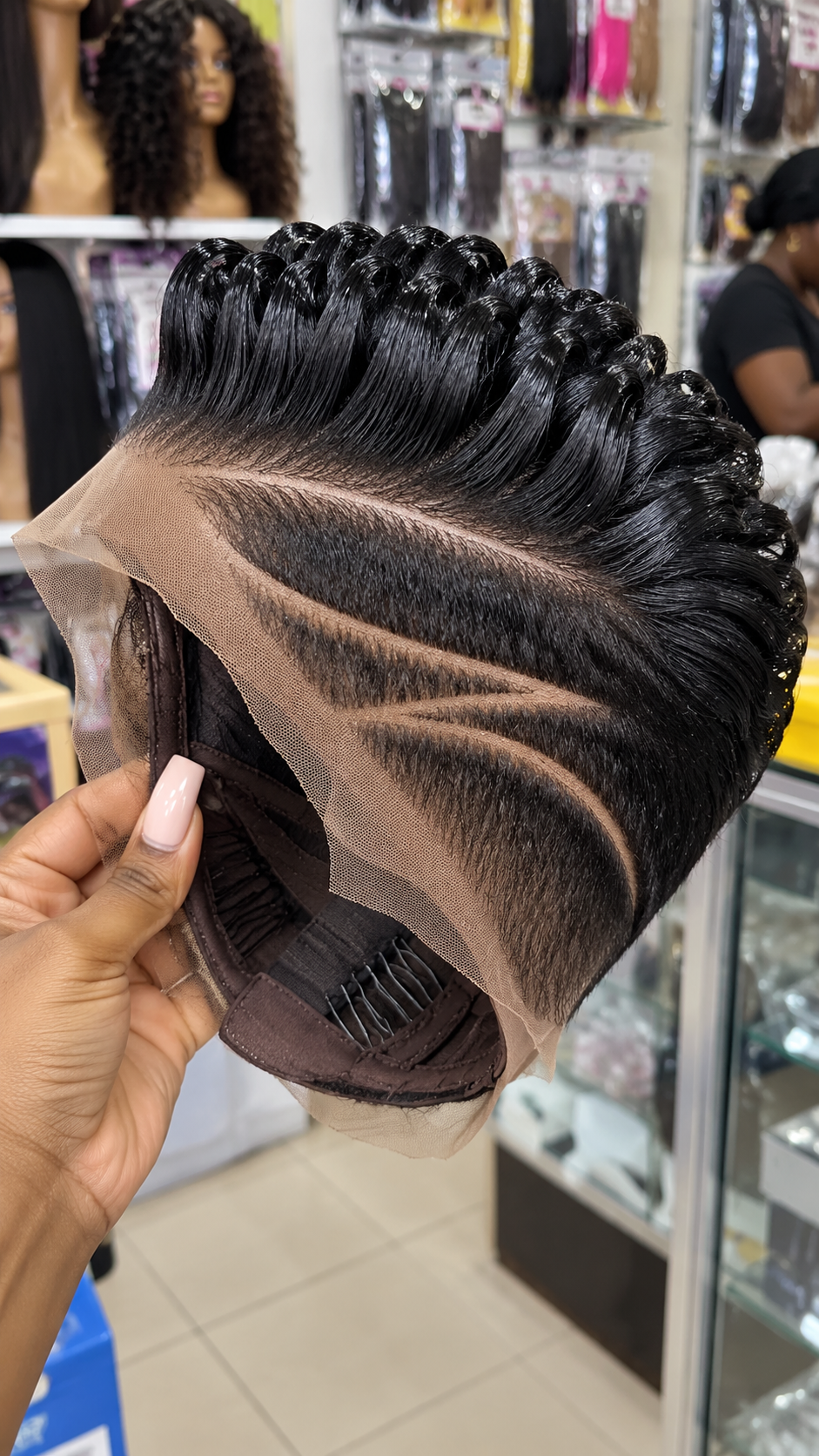 Jet Black Ribbon Curl Pixie Wig with Three Sweeping Temple Channels and a Lace Front #brh