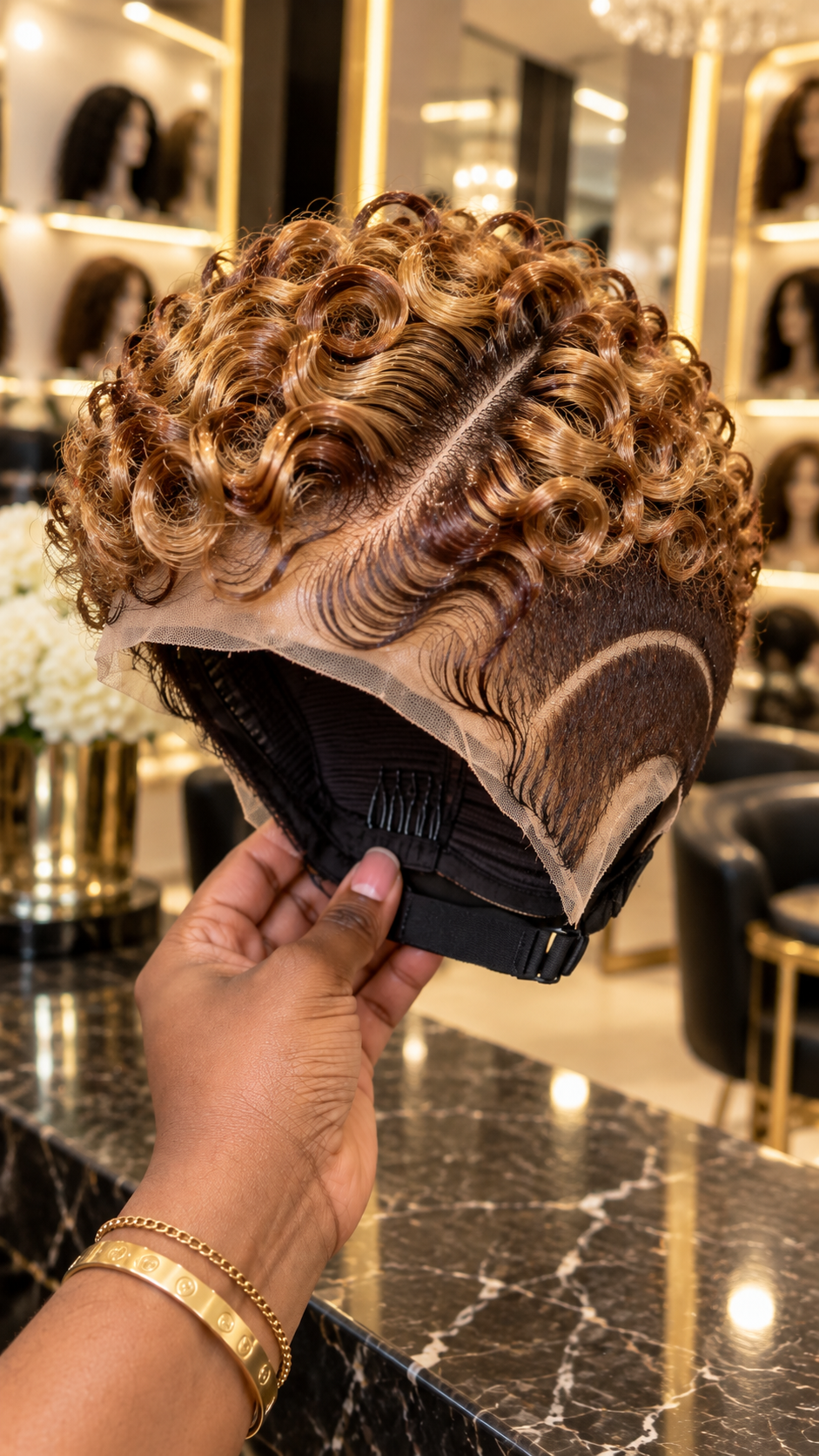 Caramel Bronze Spiral Wig With Diagonal Crown Parting and Sculpted Temple Waves #hwbh