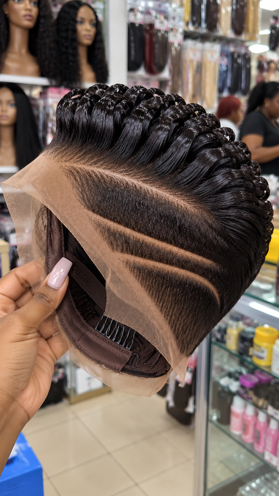 Raven Black Ribbon Loop Wig With Double Sweeping Side Channels and Brown Lace Cap #ssh