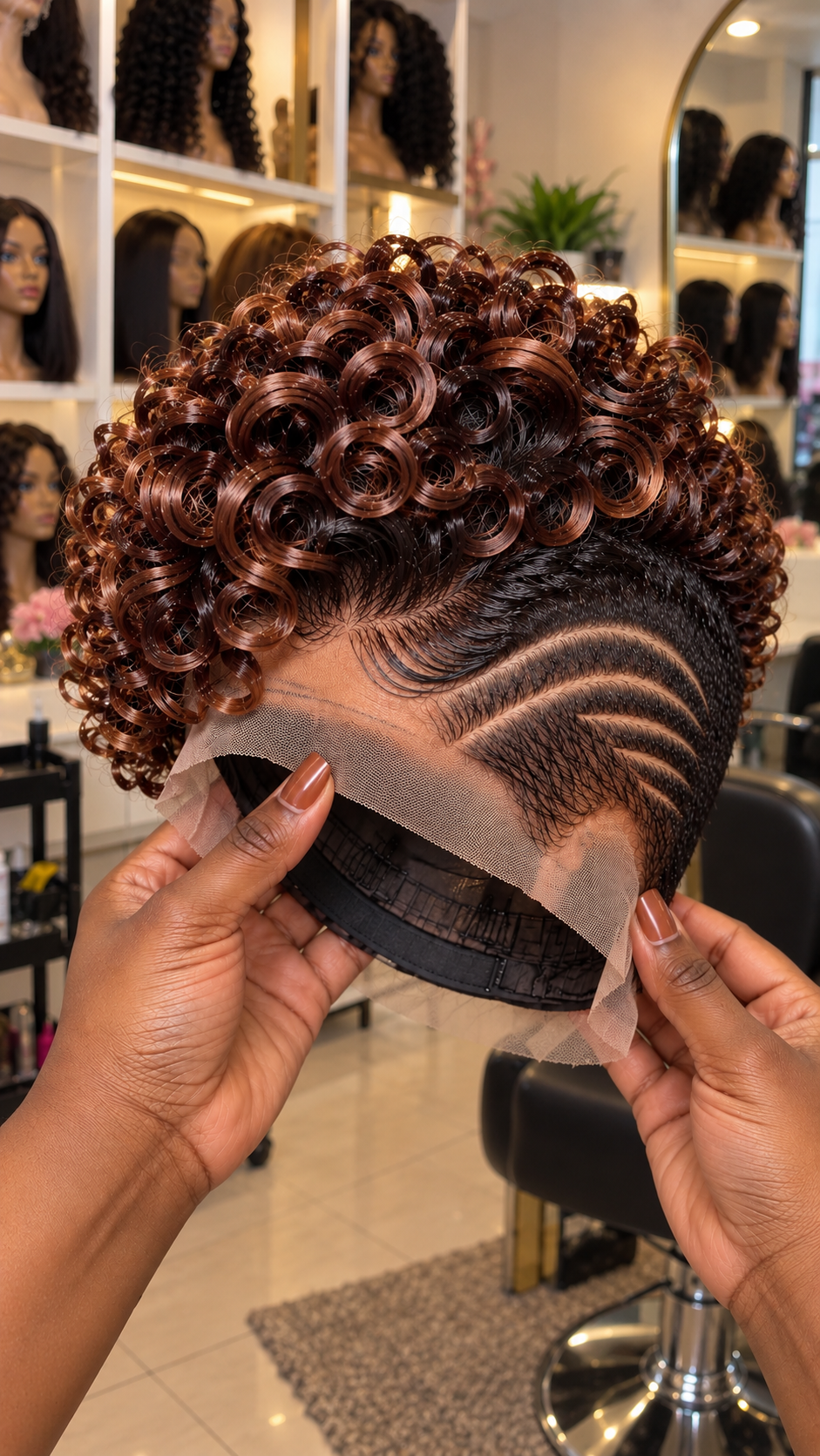 Mahogany Auburn Ringlet Pixie Wig With Cascading Feather Partings and Black Temple Waves #hwbh Mahogany Auburn Ringlet Pixie Wig With Cascading Feather Partings and Black Temple Waves #hwbh