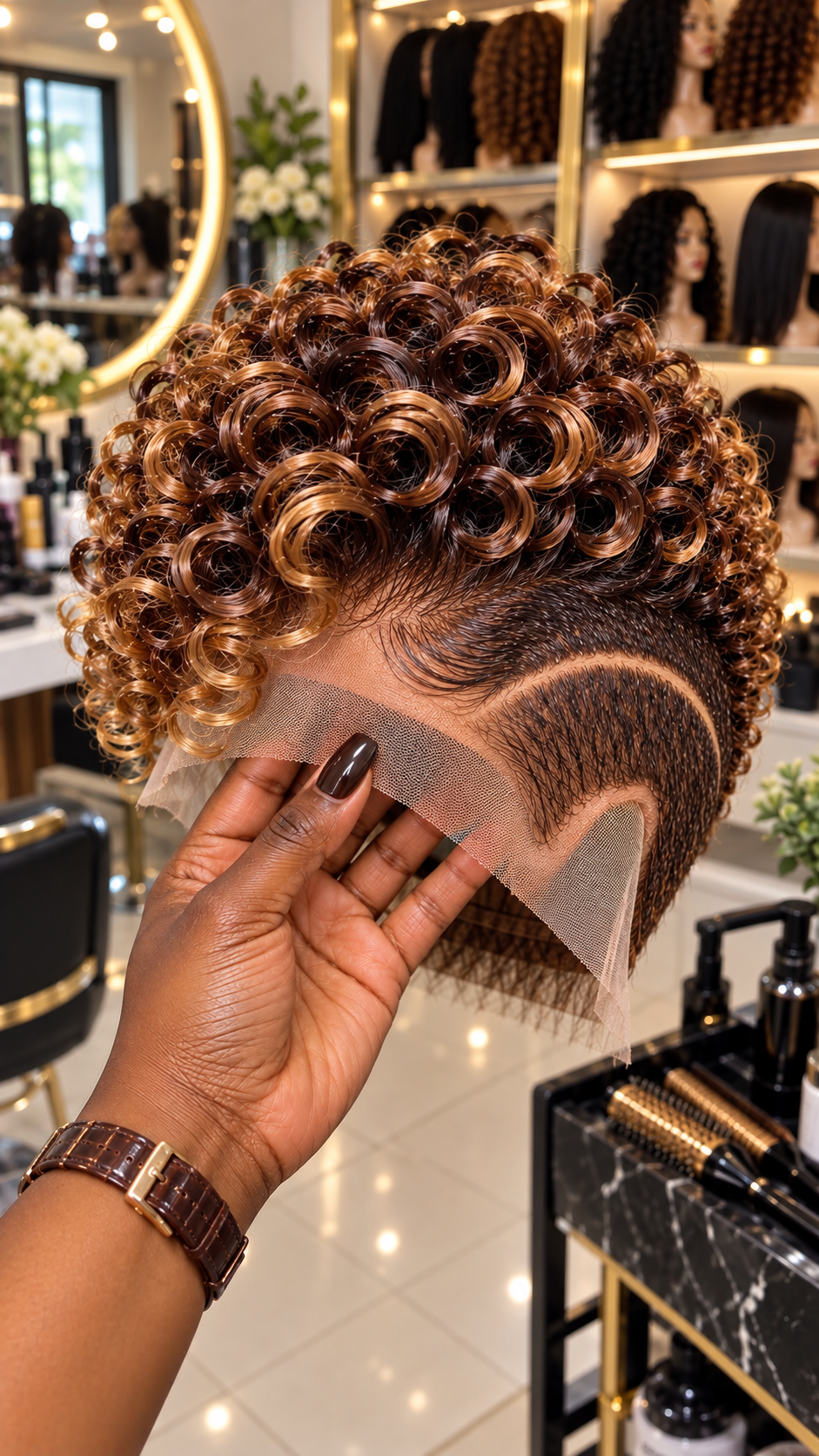 Toffee Copper Circular Coil Wig With a Deep Curved Temple Part and Dark Finger Waves #ssh Toffee Copper Circular Coil Wig With a Deep Curved Temple Part and Dark Finger Waves #ssh
