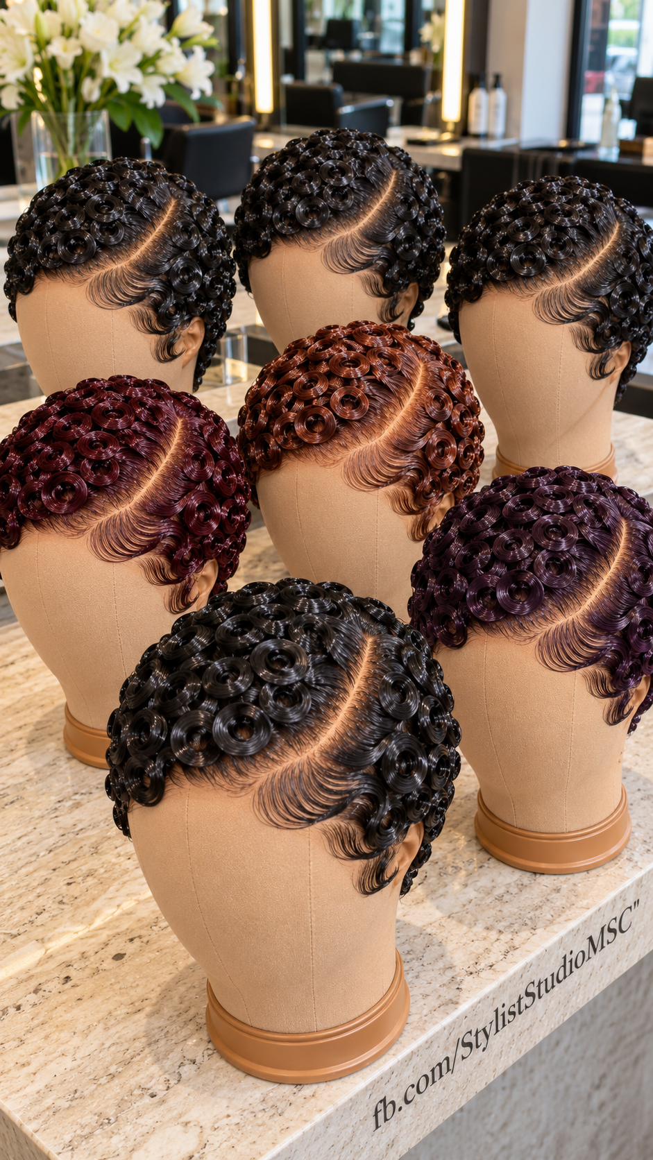 Seven Sculpted Pixie Wigs in Black, Burgundy, Copper and Plum With Diagonal Finger-Wave Partings #ss