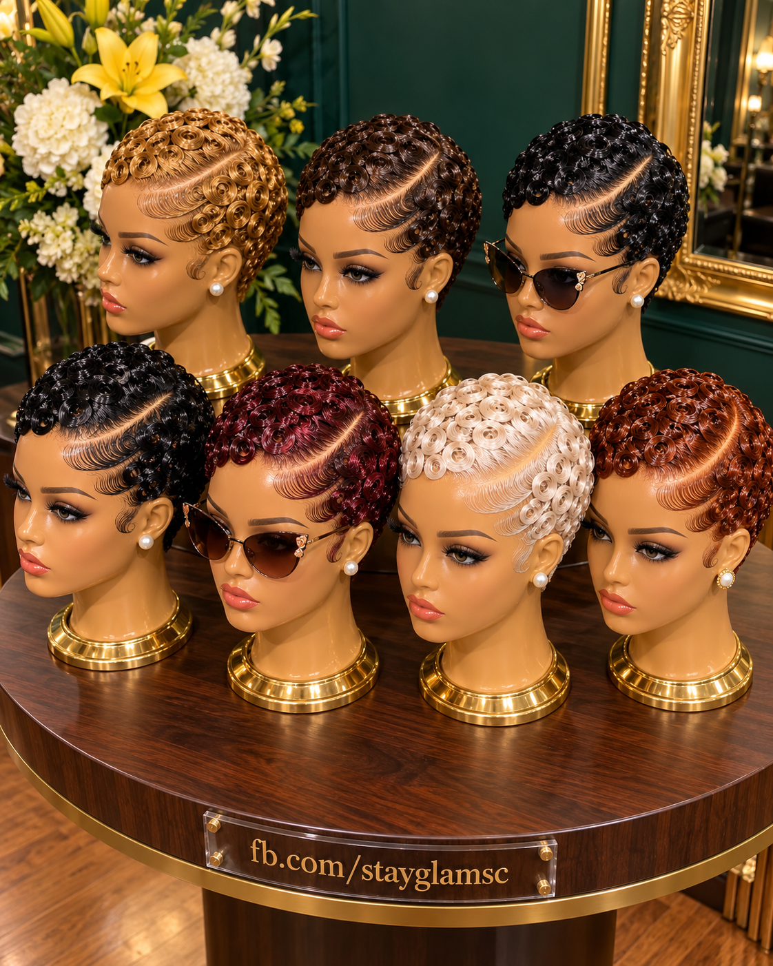 Seven Glossy Pin-Curl Pixie Wigs With Sweeping Side Parts in Gold, Wine Red, Ivory and Espresso #hwb Seven Glossy Pin-Curl Pixie Wigs With Sweeping Side Parts in Gold, Wine Red, Ivory and Espresso #hwb