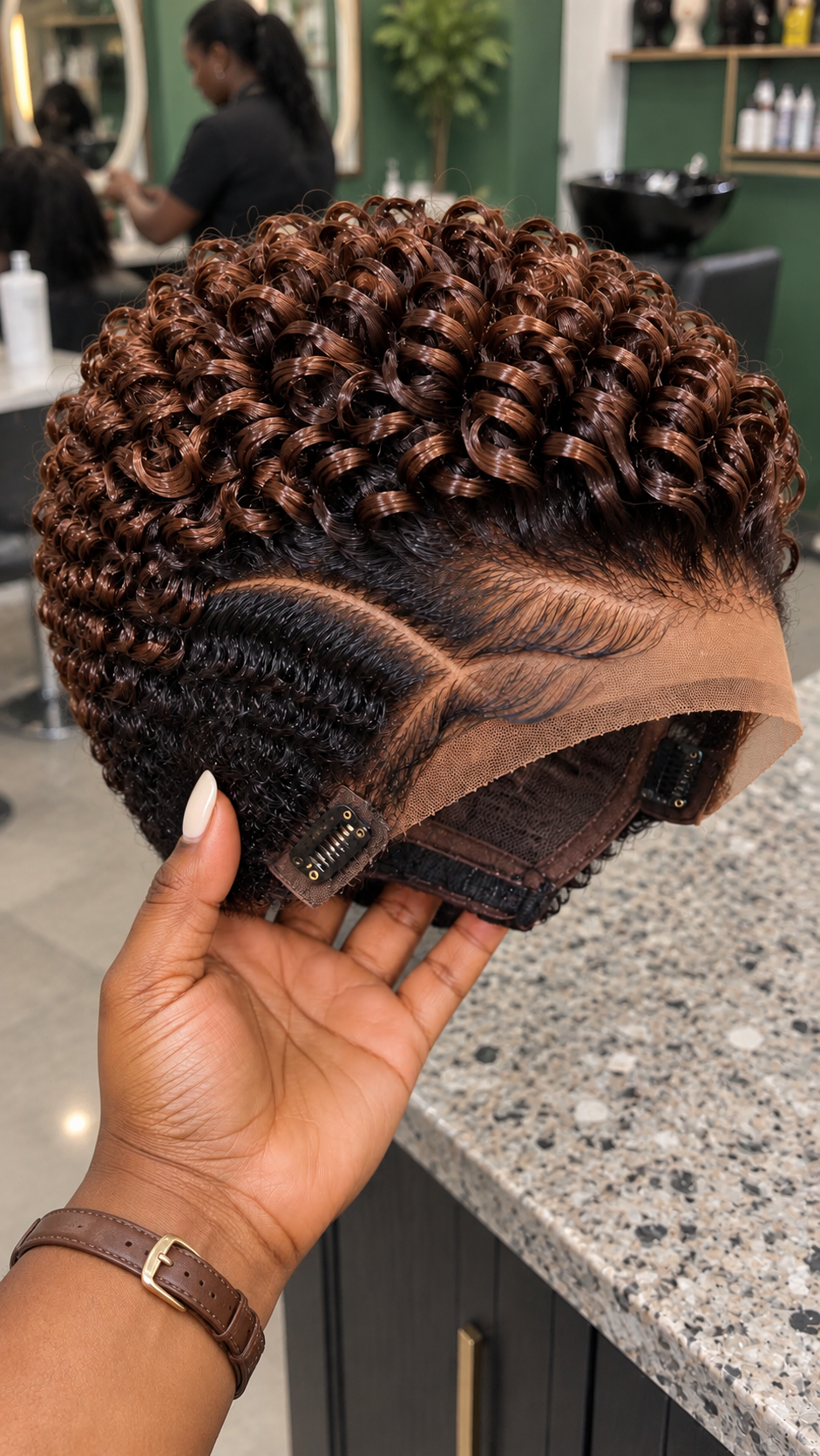 Chocolate Root Copper Spiral Wig With a Curved Part and Precision Side Waves #apd
