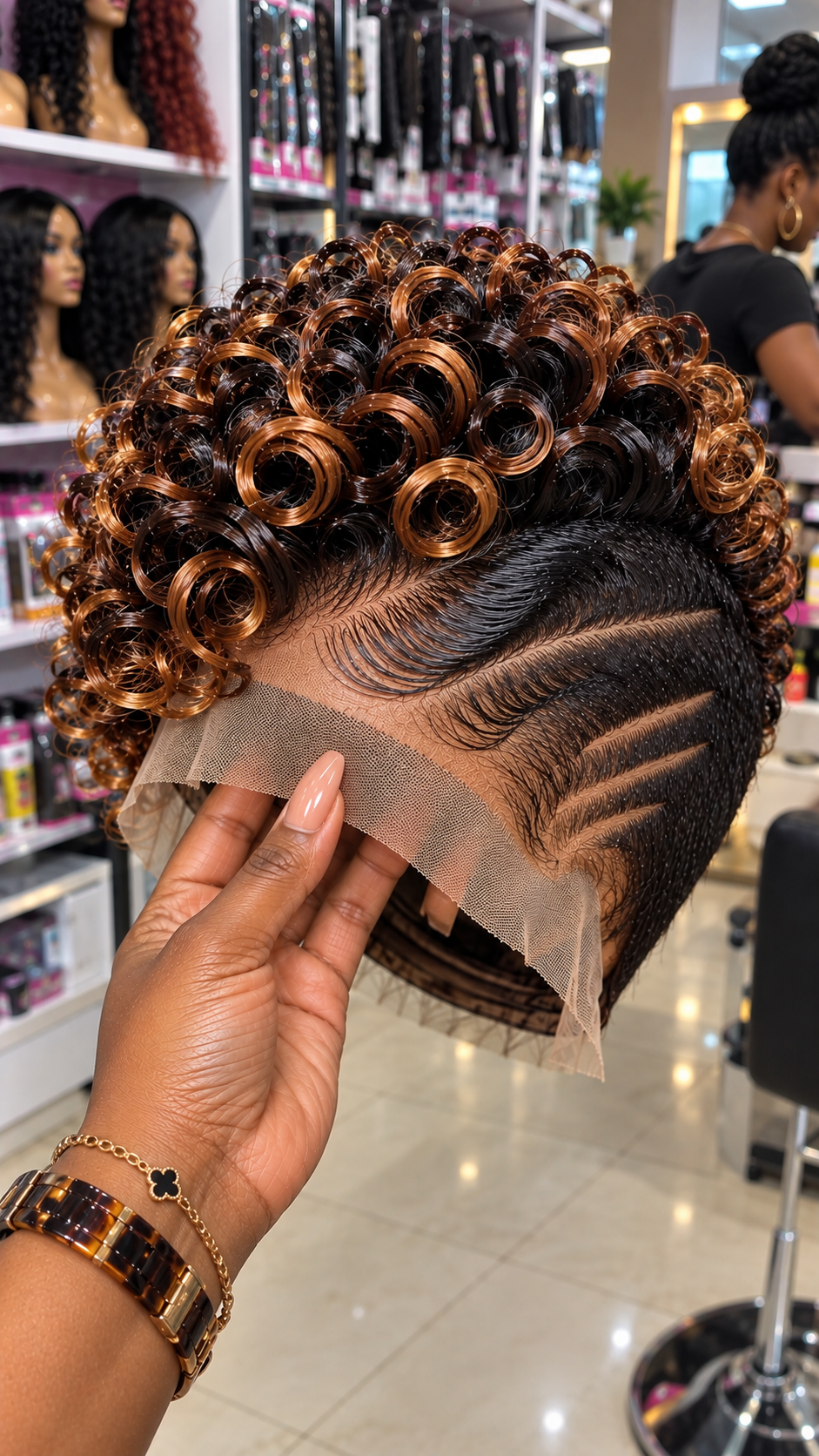 Caramel Bronze Hollow Ringlet Wig With Four Tapered Temple Lines and an Espresso Finger-Wave Crest #flt Caramel Bronze Hollow Ringlet Wig With Four Tapered Temple Lines and an Espresso Finger-Wave Crest #flt